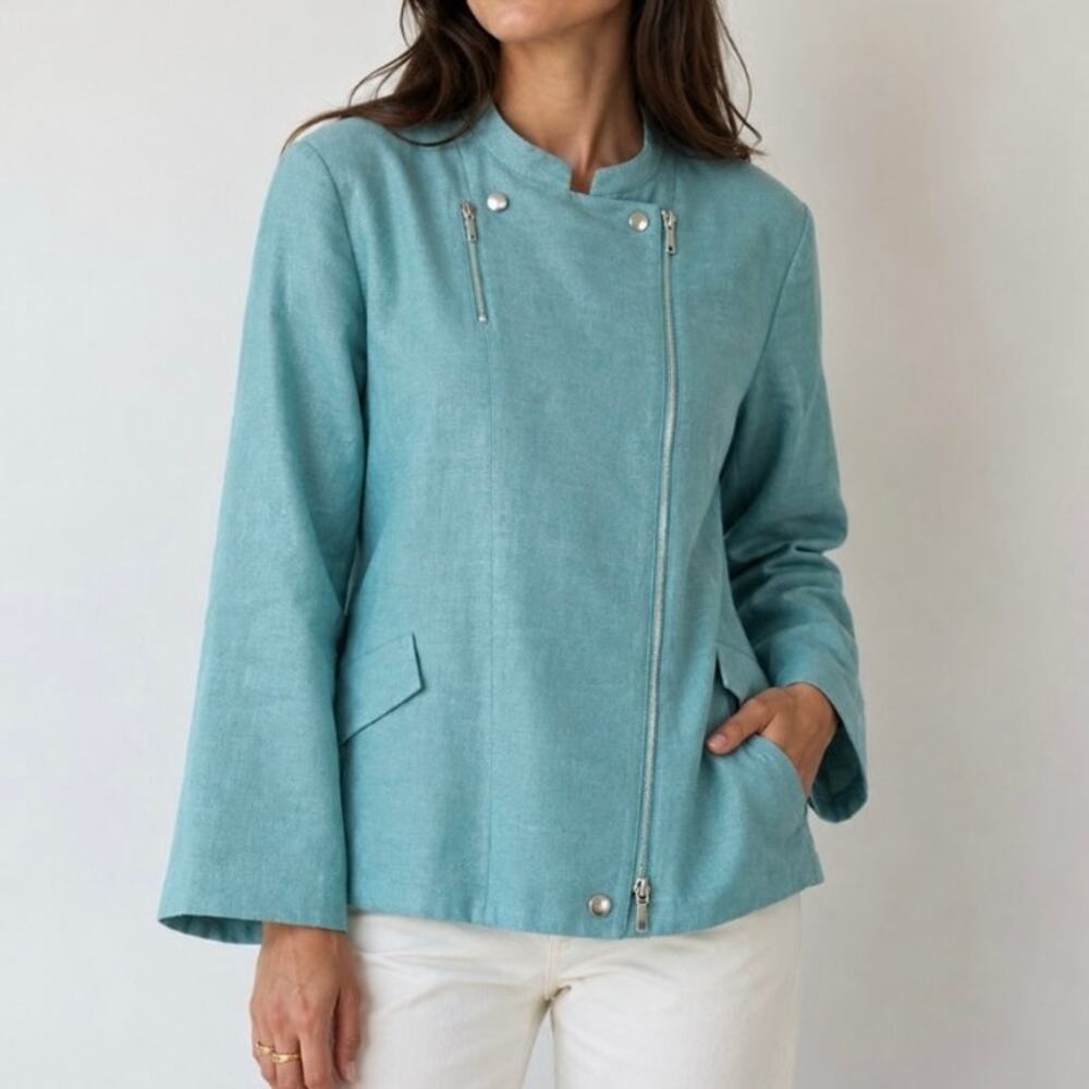 Womens Akris Punto Linen/Silk Biker Jacket, Blue, Size 12, EUC!